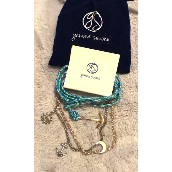 New Gemma Simone Voyage Nautical Bracelet Set Gold Moon Anchors & green rope - Picture 1 of 3